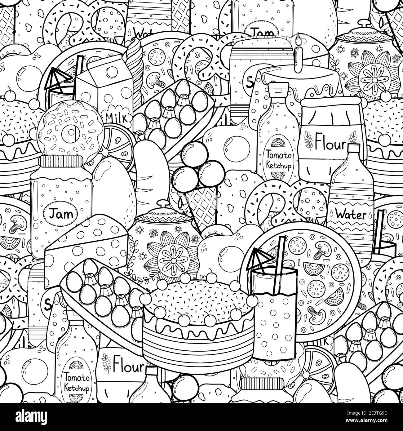 Motif sans couture noir et blanc Doodle Food. Page de coloriage des articles d'épicerie Illustration de Vecteur