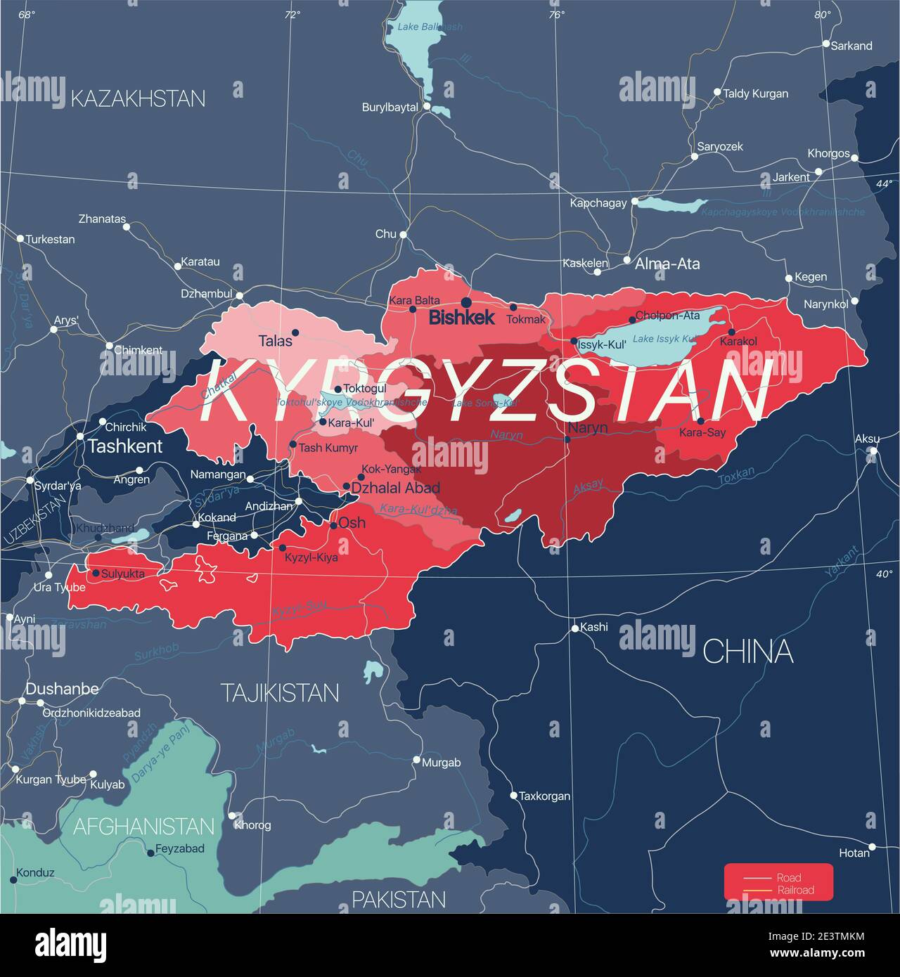 Pays du Kirghizistan carte détaillée modifiable avec régions villes, routes et chemins de fer, sites géographiques. Fichier vectoriel EPS-10 Illustration de Vecteur