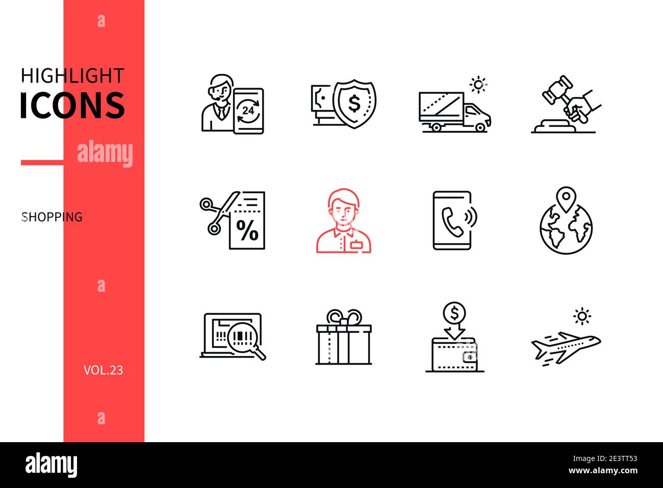 Concept shopping - jeu d'icônes de style design de ligne. Thèmes du commerce électronique et du service client. En ligne, sécurité, livraison, vente aux enchères, coupon, assistance, appel, Illustration de Vecteur