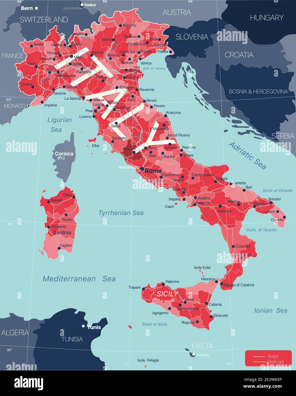 Italie carte détaillée modifiable avec régions villes, routes et chemins de fer, sites géographiques. Fichier vectoriel EPS-10 Illustration de Vecteur