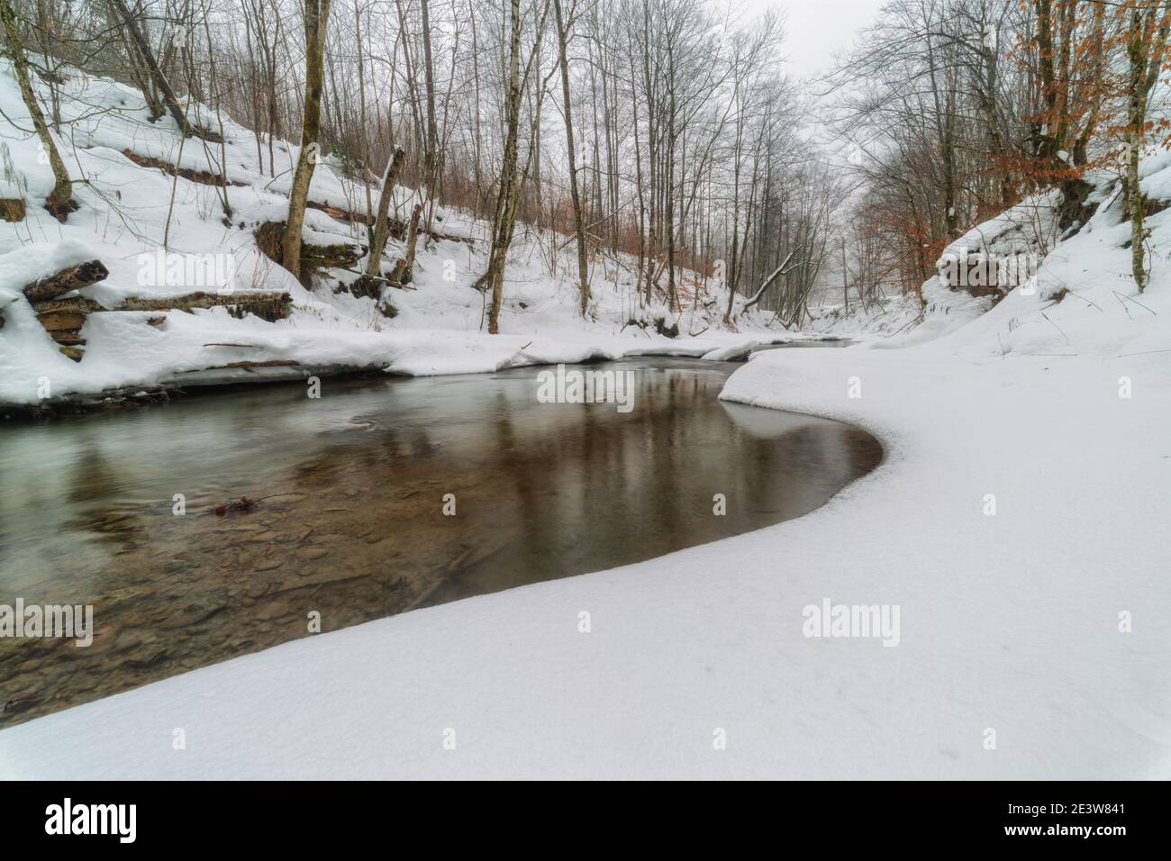 Rivière d'hiver dans les Carpathian Mountains avec des rives enneigées Banque D'Images