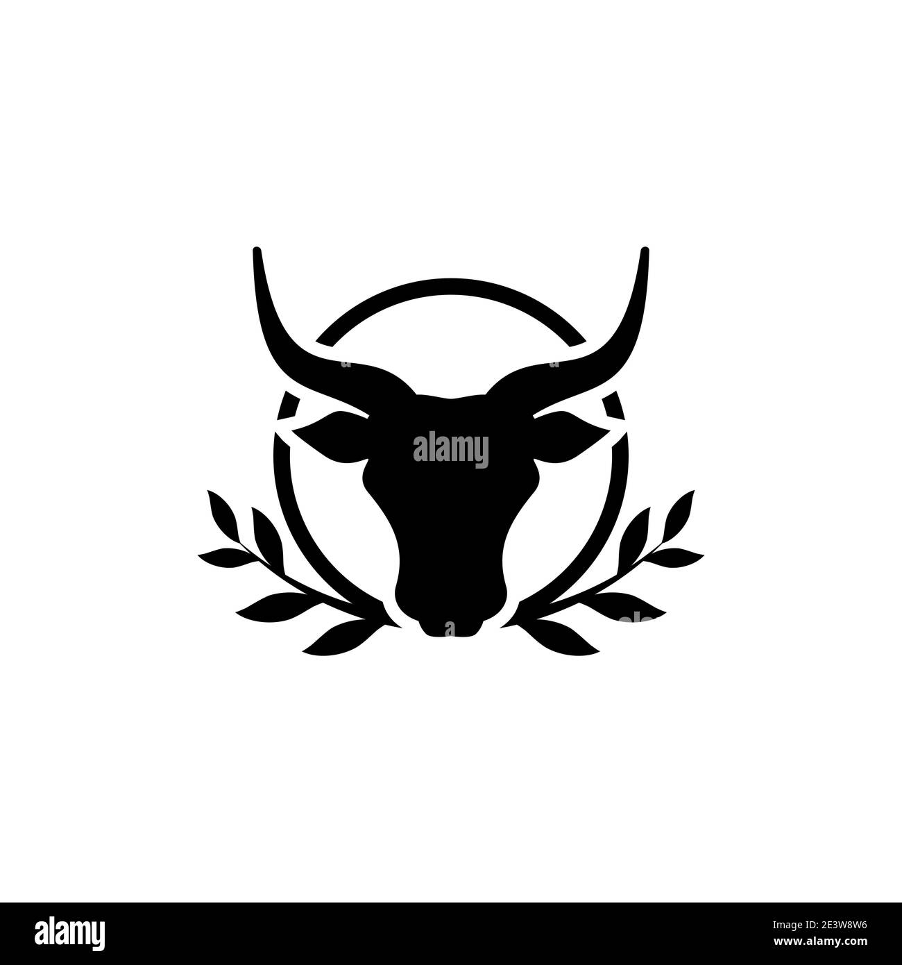 Tête de taureau avec couronne laures. Non. Panneau de la ligne de vache. Animal de ferme. Symbole bœuf ou lait. Marque. Illustration vectorielle isolée sur blanc Illustration de Vecteur