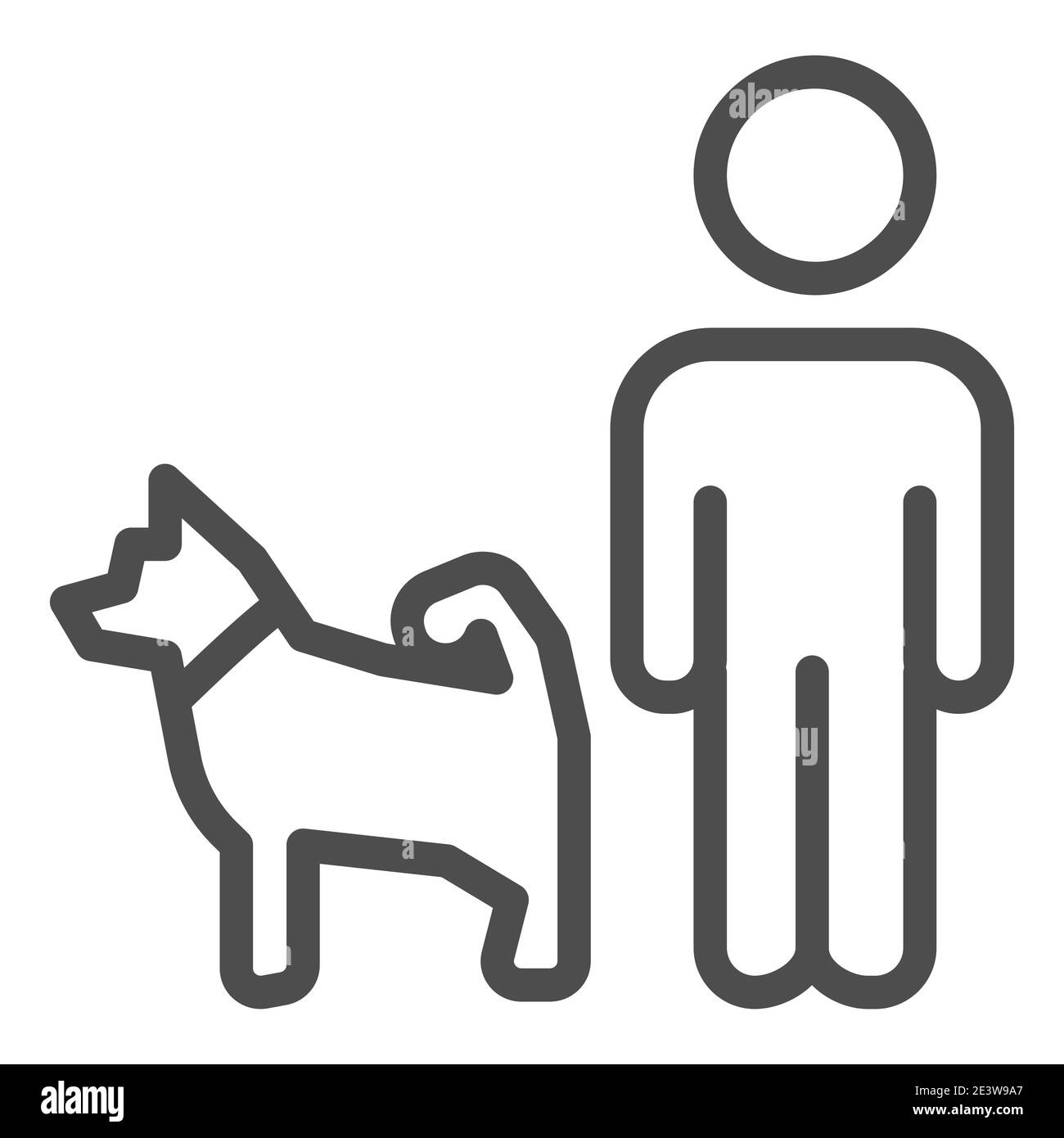 Icône de ligne homme et chien, concept d'animal domestique, panneau de marche de chien sur fond blanc, icône de personne de marche d'animal de compagnie dans le style de contour pour le concept mobile et Illustration de Vecteur