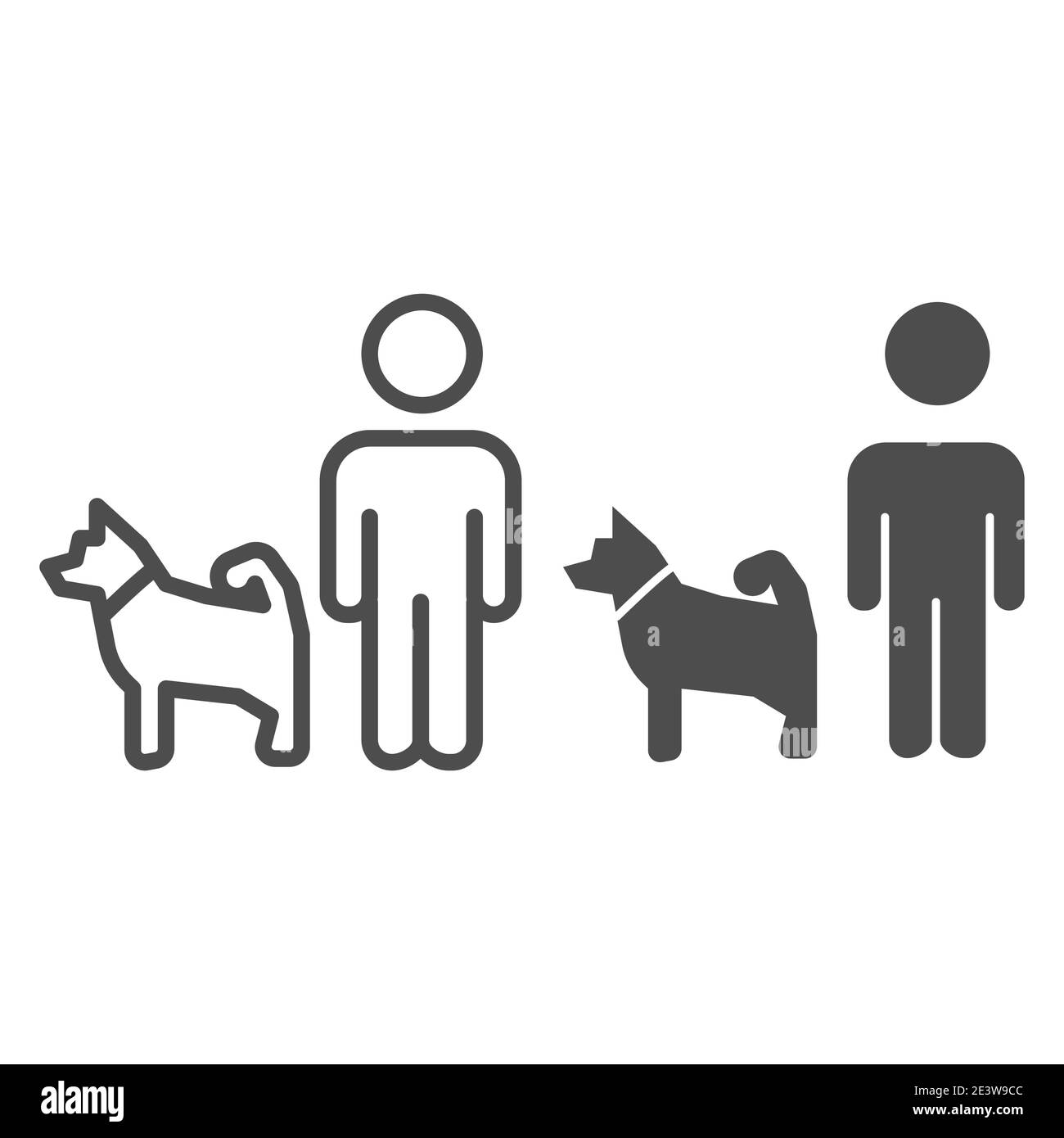 Ligne homme et chien et icône solide, concept animal domestique, panneau de marche de chien sur fond blanc, icône d'animal de marche de personne dans le style de contour pour mobile Illustration de Vecteur