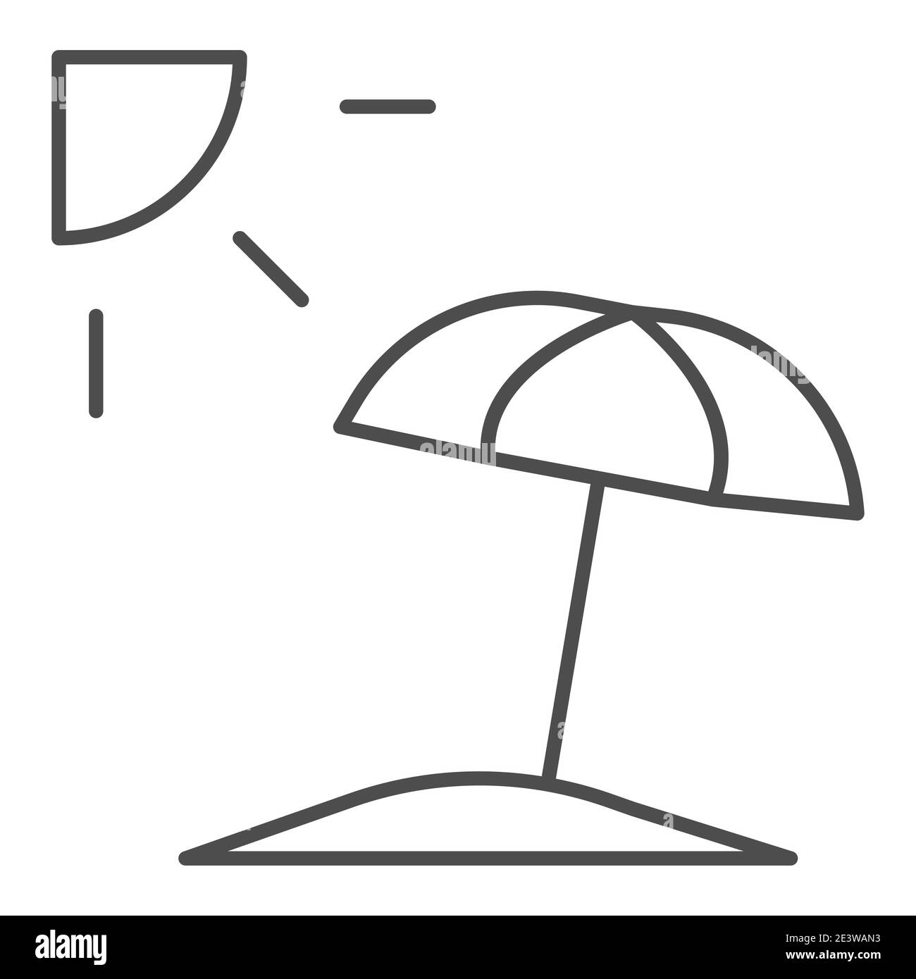 Plage d'été avec parasol et icône de ligne mince de soleil, concept d'été,  signe de parasol de plage sur fond blanc, icône de parasol de plage dans le  style de contour pour