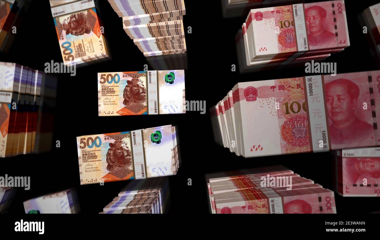 Packs de billets d'argent pour le dollar de Kong et le yuan chinois. Concept d'économie, de commerce, d'échange de marché, de crise et de finance. HKD et RMB illustrat 3d Banque D'Images