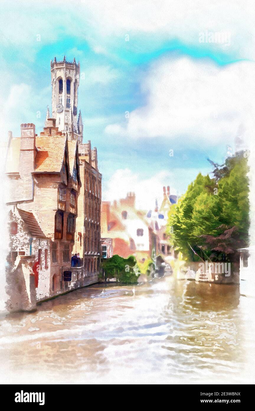 Canal Rozenhoedkaai et tour Belfort à Bruges, peinture numérique Banque D'Images