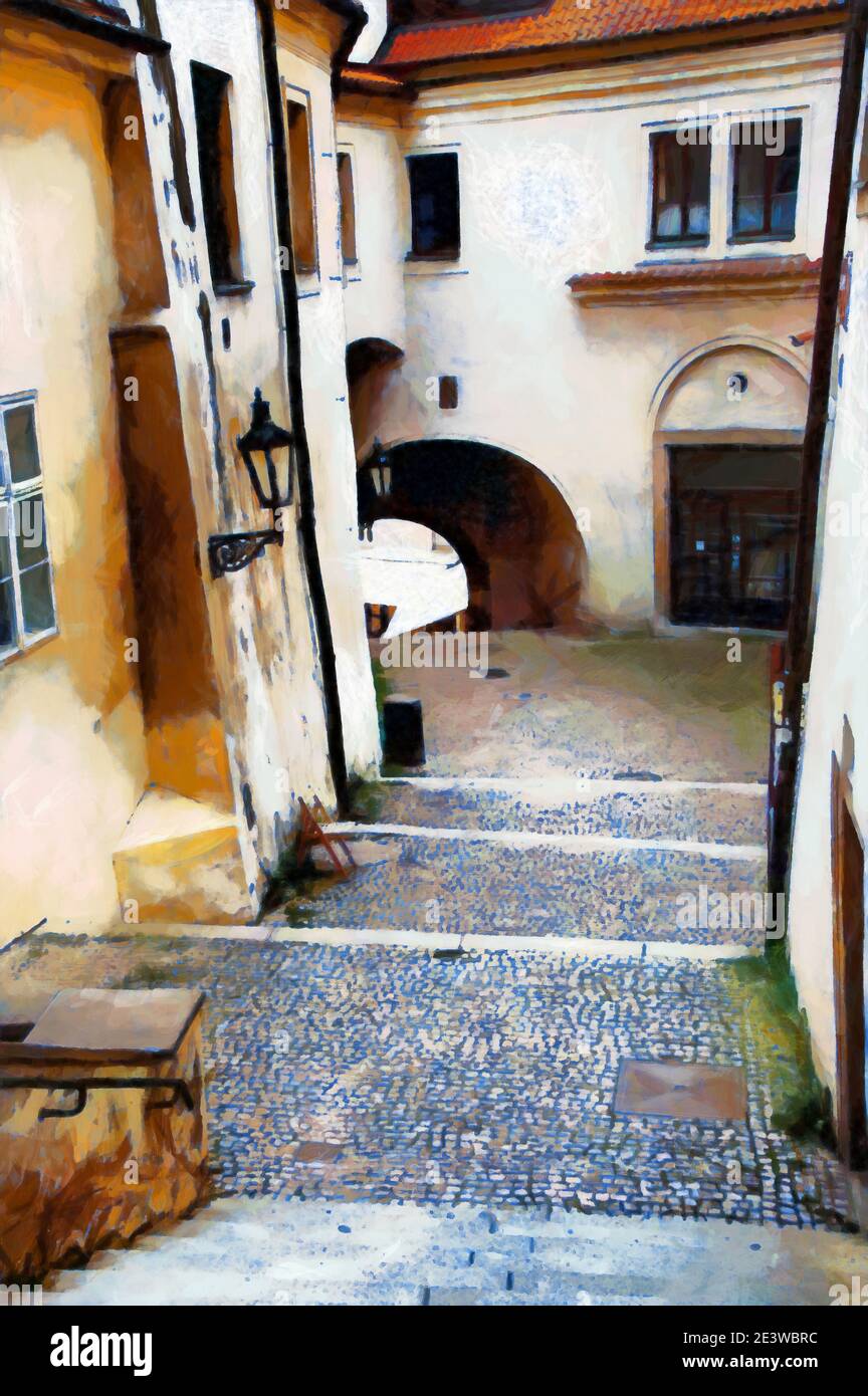 Escalier en pierre dans la vieille ville de Prague, peinture numérique Banque D'Images