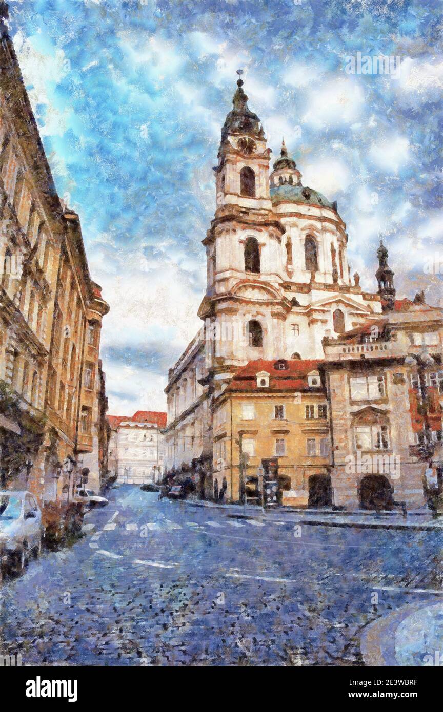 L'église Saint-Nicolas est l'église baroque de la petite ville de Prague, peinture générée par le numérique Banque D'Images