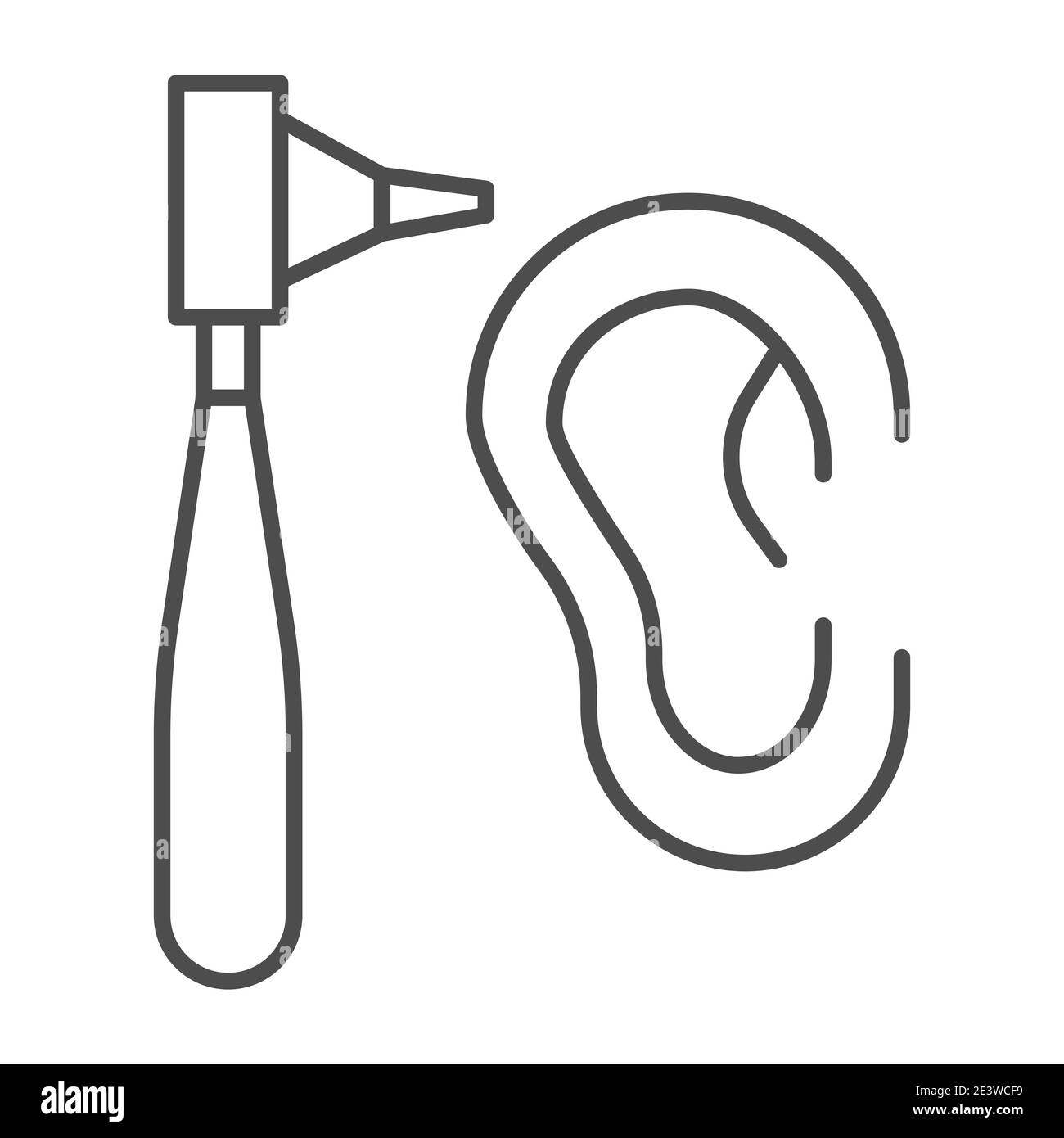 Otoscope et oreille humaine icône de ligne mince, concept médical, examen par otolaryngologiste signe sur fond blanc, icône d'otoscope dans le style de contour pour Illustration de Vecteur