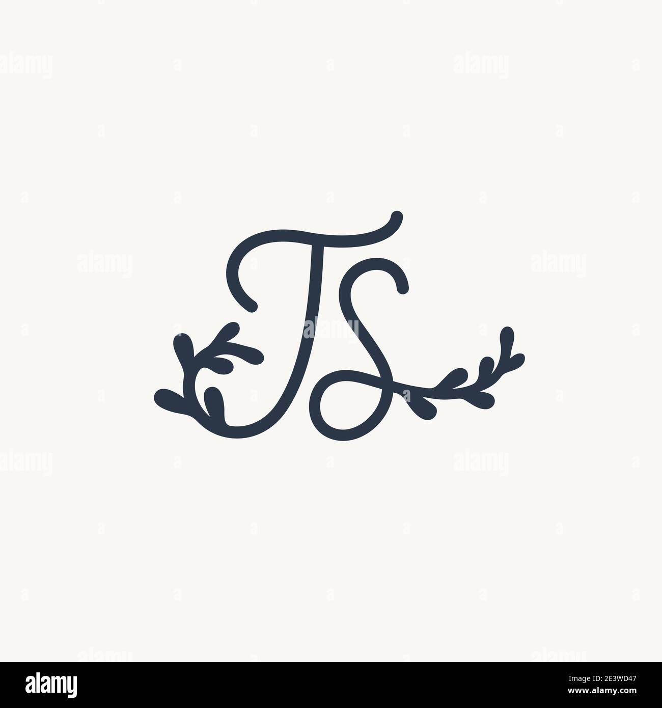 Logo T S TS monogramme. TS initiales ou icône d'écriture minimaliste avec éléments floraux. Design pour une invitation à un mariage, boutique florale et botanique. Noir Illustration de Vecteur