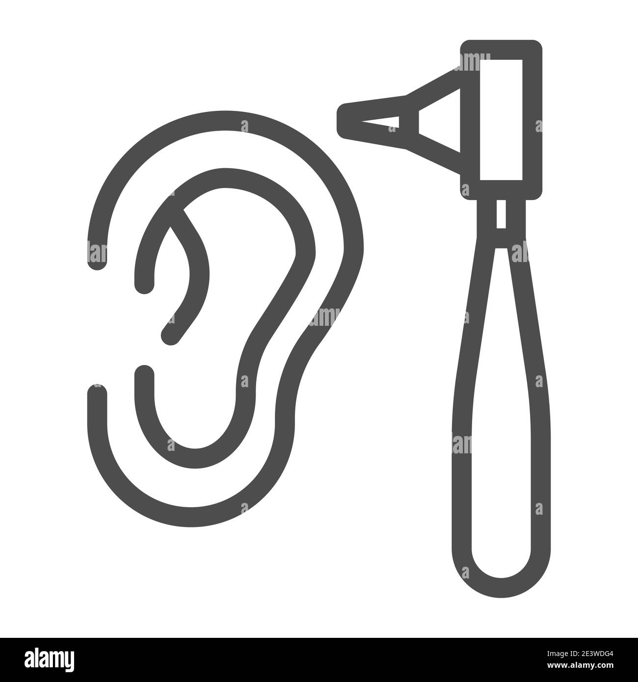 Icône otoscope et contour d'oreille humaine, concept médical, examen par otolaryngologiste signe sur fond blanc, icône d'otoscope dans le style de contour pour mobile Illustration de Vecteur