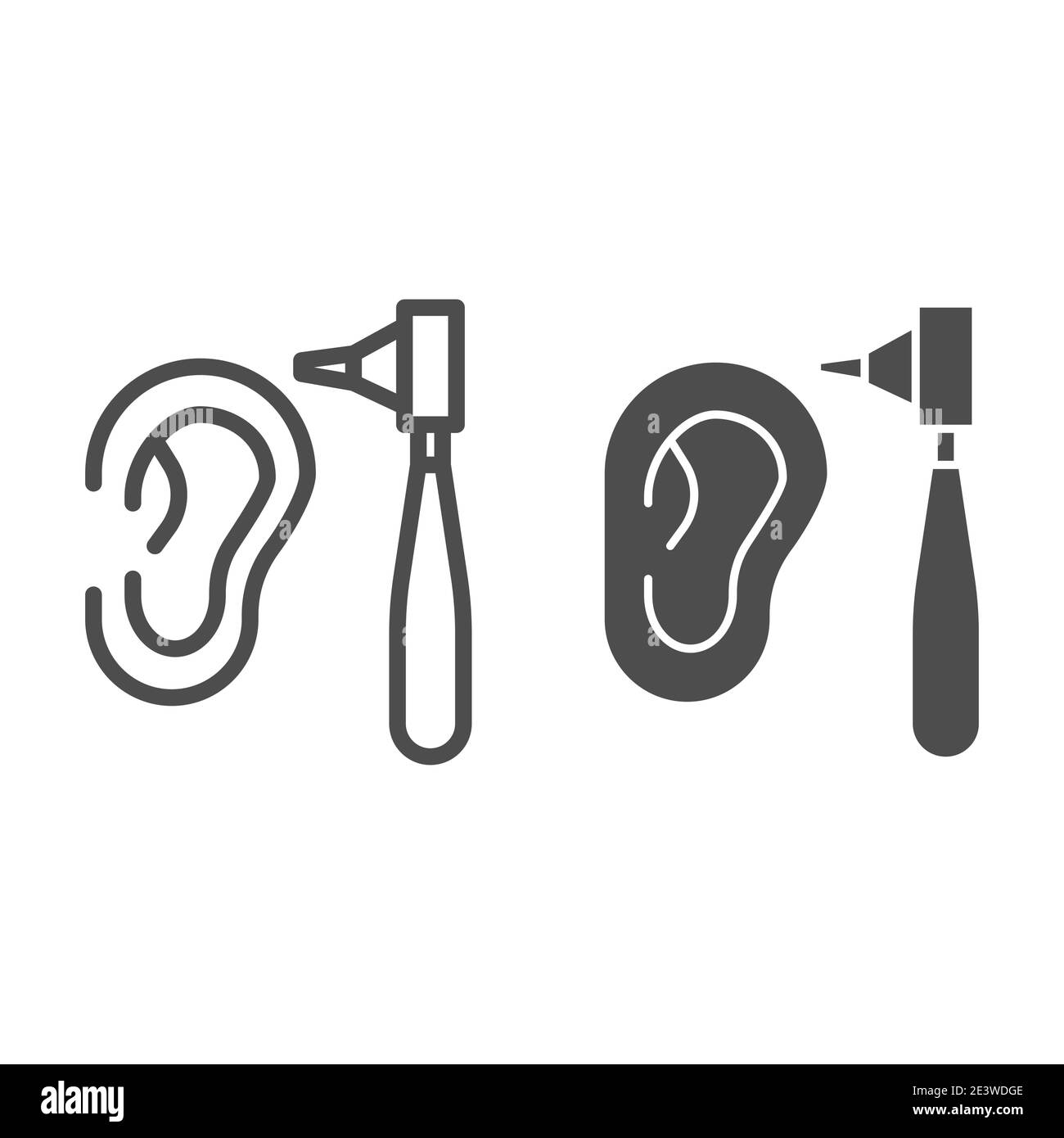 Otoscope et contour d'oreille humain et icône solide, concept médical, examen par otolaryngologiste signe sur fond blanc, icône d'otoscope en style de contour Illustration de Vecteur