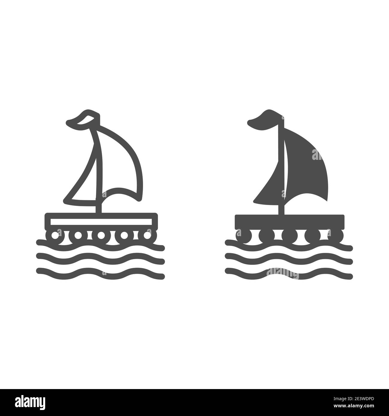 Radeau en bois avec ligne de voile et icône solide, concept nautique, signe bateau sur fond blanc, icône en forme de radeau dans le style de contour pour le concept mobile et web Illustration de Vecteur