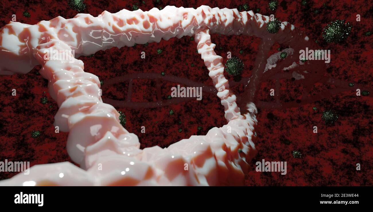 représentation 3d de l'adn avec fond rouge et coronavirus partout Banque D'Images