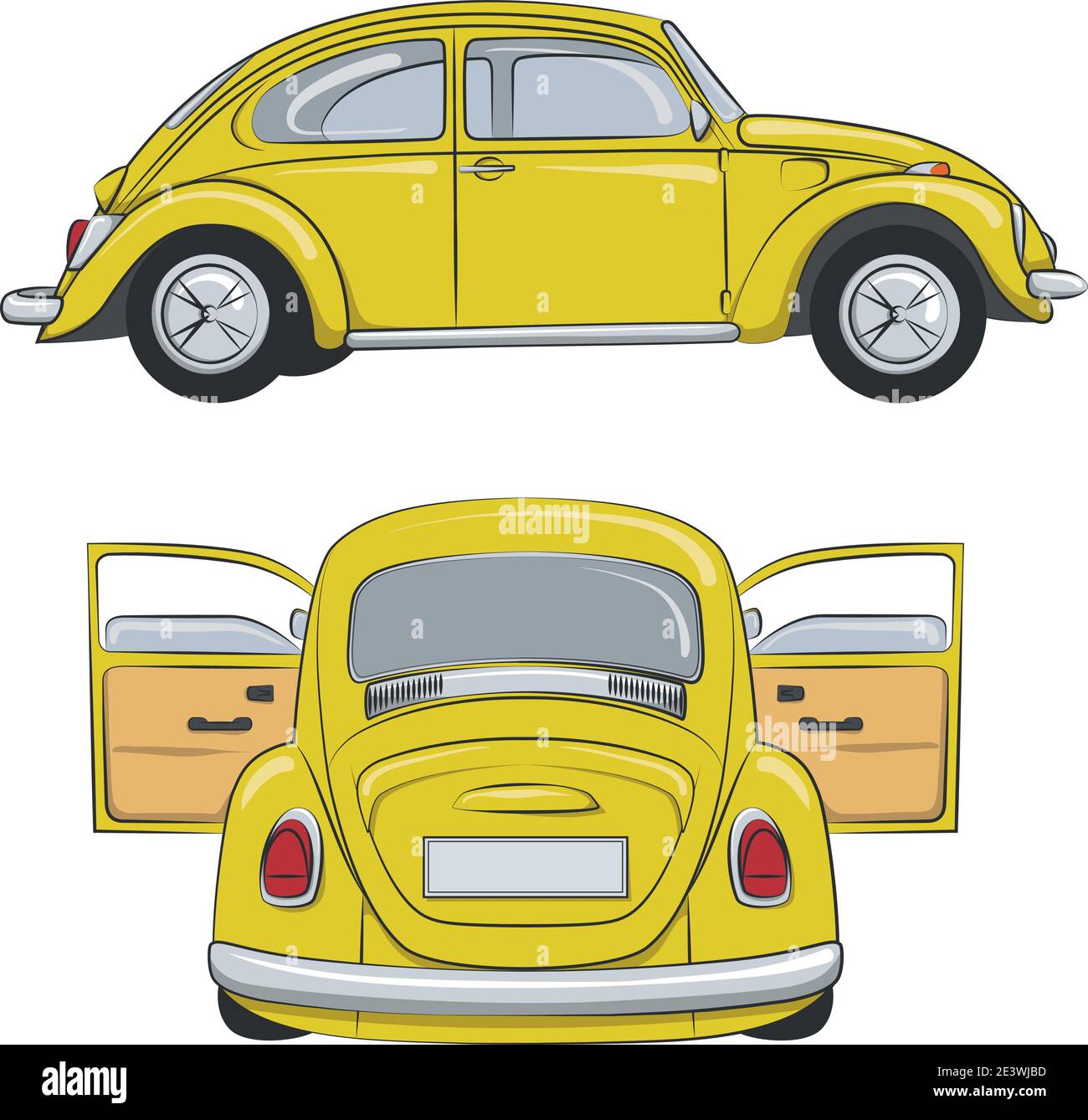 Jeu d'illustrations en couleur avec voiture rétro jaune. Objets vectoriels isolés. Illustration de Vecteur