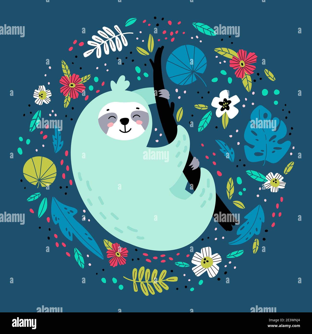 Sloth dans diverses feuilles et fleurs tropicales. Illustration de Vecteur