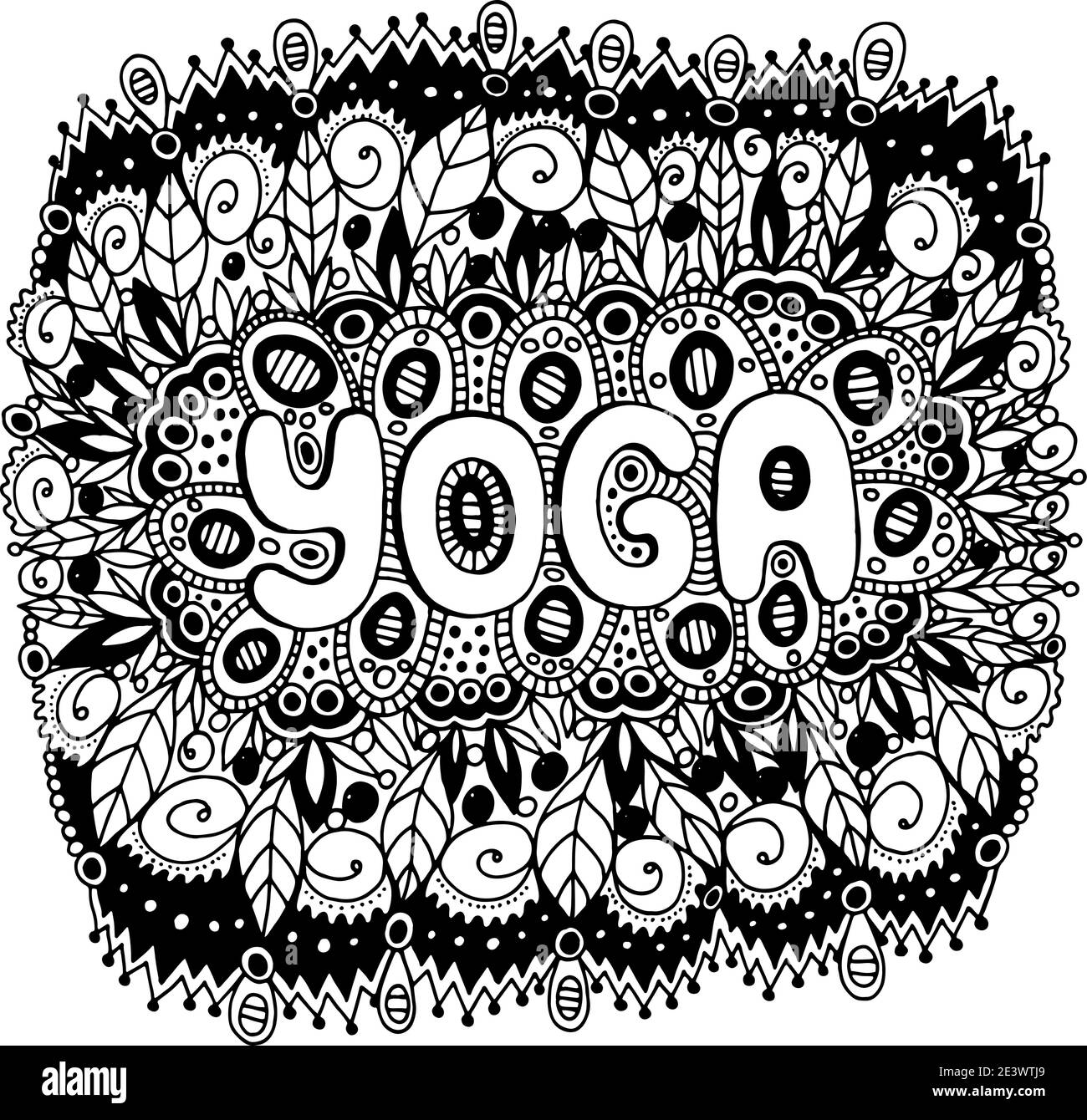 Page de coloriage pour adultes avec mot mandala et yoga. Illustration de contour d'encre de lettrage Doodle. Illustration vectorielle Illustration de Vecteur