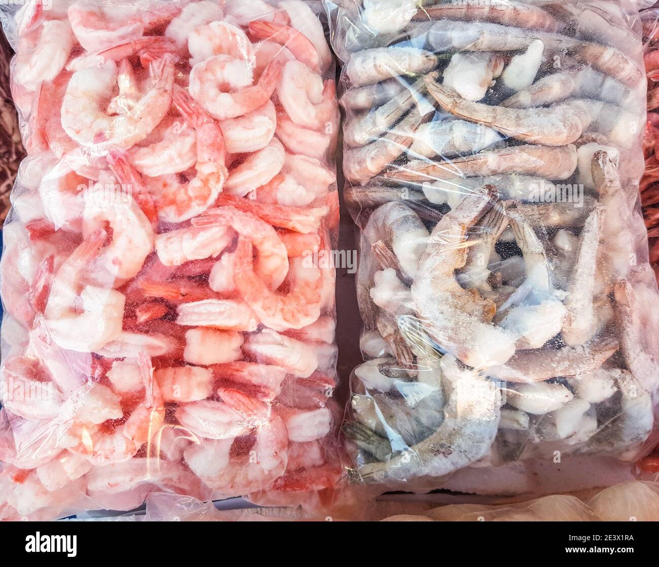 Deux grands sacs en plastique de crevettes crues et cuites congelées, sur le comptoir du marché du poisson. Banque D'Images