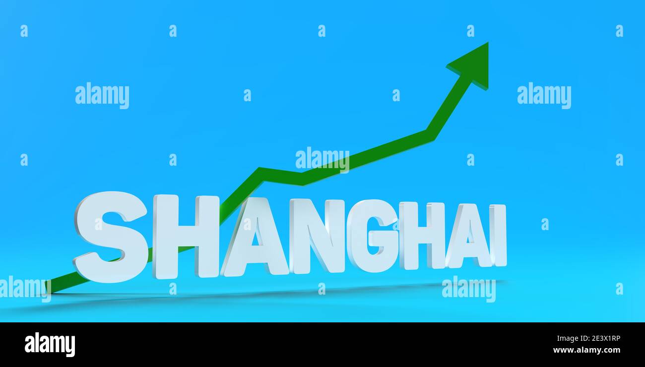 Sur fond bleu de dégradation rendu 3D, le mot SHANGHAI est écrit en caractères gras blancs. Une flèche verte montante tond vers le haut Banque D'Images