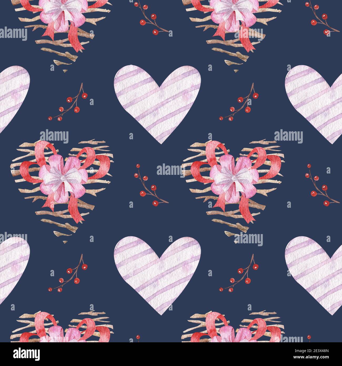 Motif aquarelle sans coutures avec coeurs et décorations pour la Saint-Valentin. Motif coeurs et rubans pour cartes de Saint-Valentin, cartes de voeux, cadeaux, t-shirts, tasses, autocollants, articles de scrapbooking et motifs. Illustration aquarelle, motif sans couture sur fond bleu Banque D'Images