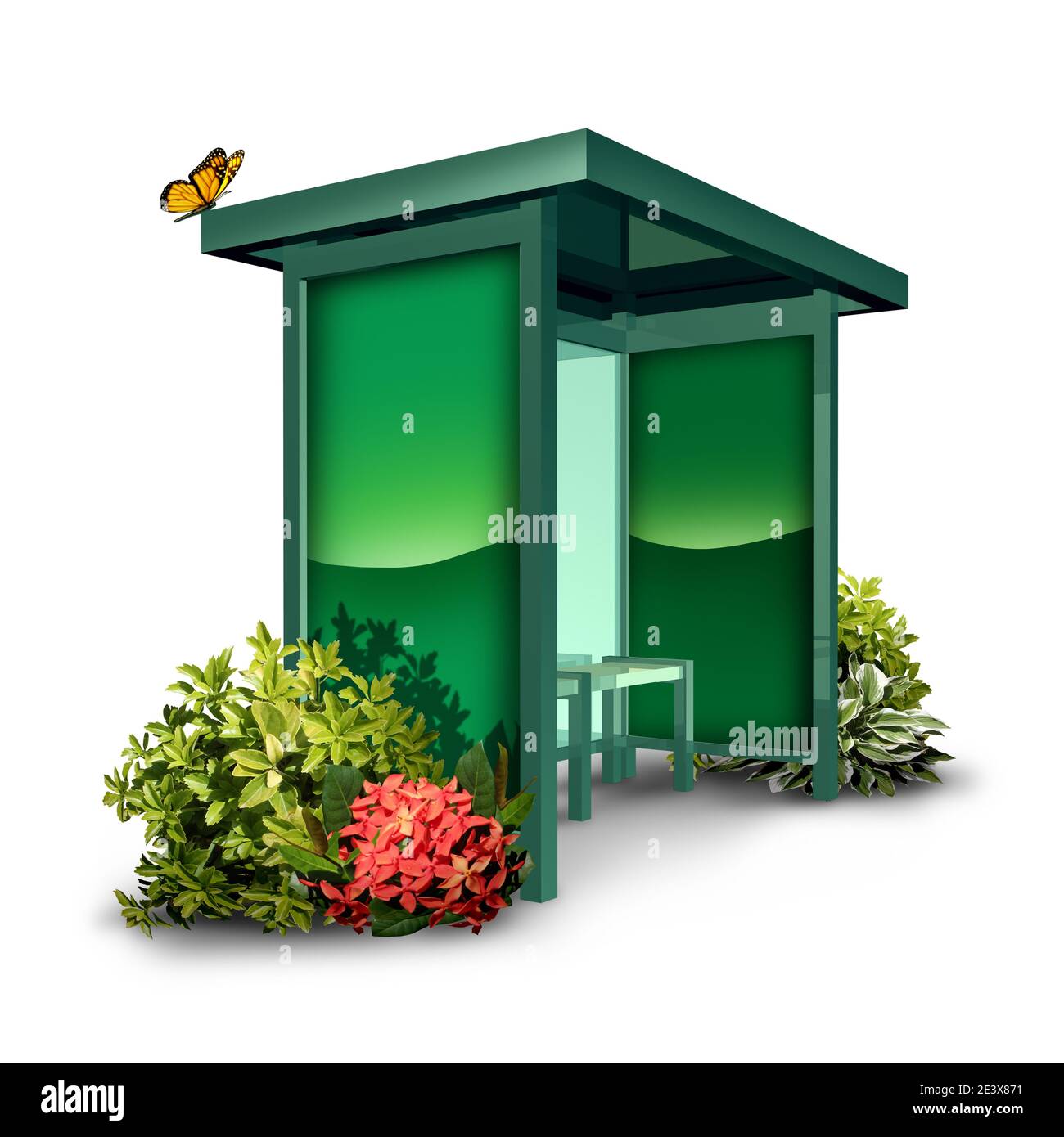 Service de bus électrique et EV vert public renouvelable zéro émission l'énergie comme un panneau d'arrêt de transport dans un temps de ville structure d'abri sur une ba blanche Banque D'Images