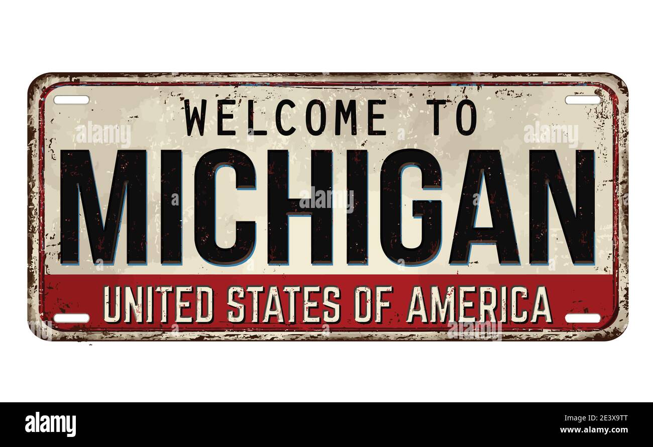 Bienvenue à Michigan plaque de métal rouillé vintage sur fond blanc, illustration vectorielle Illustration de Vecteur