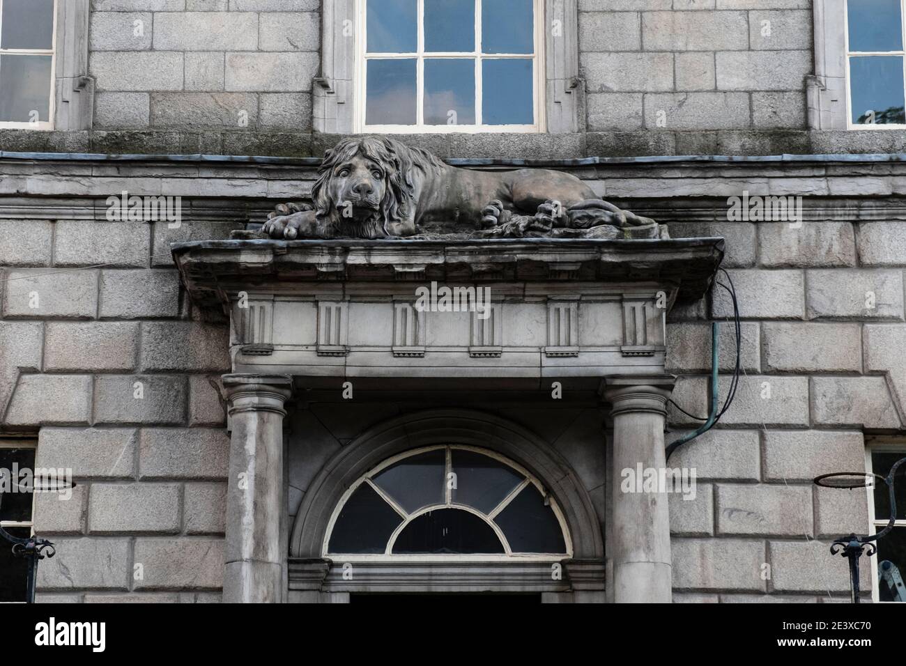 Sculpture de lion de pierre au-dessus du linteau de la maison de Newman UCD, lion couché, regardant le spectateur Banque D'Images