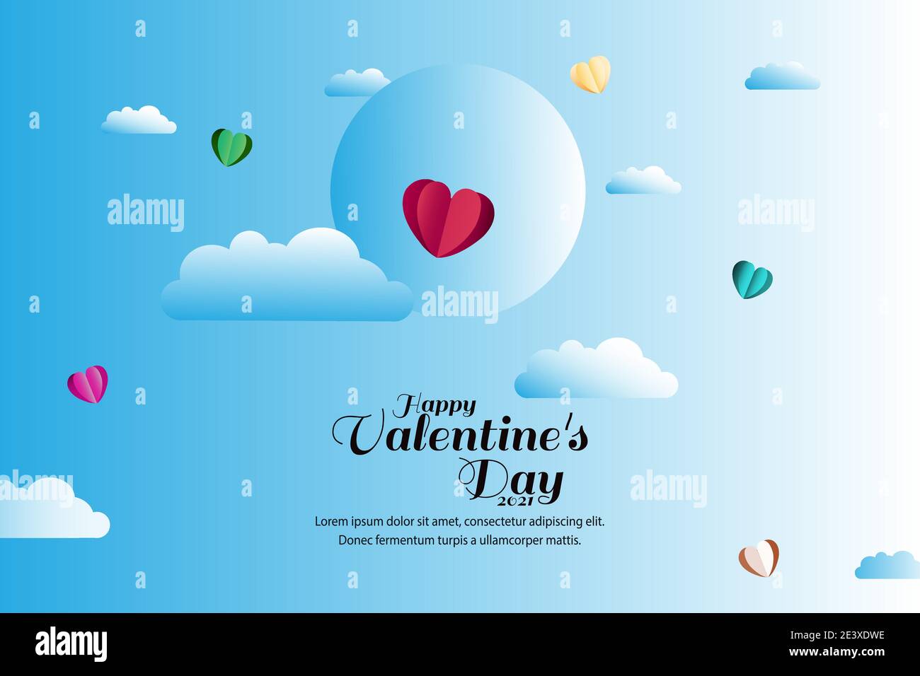 Modèle de la Saint-Valentin bannière avec ciel bleu et nuages coupés en papier, Illustration de Vecteur