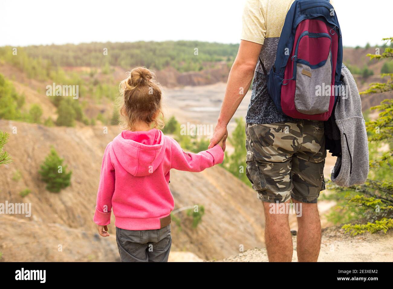 Fille dans un pull à capuche rose tenant la main de papa, debout au-dessus d'une montagne avec une belle vue panoramique. Camping familial, activités de plein air. Aide Banque D'Images