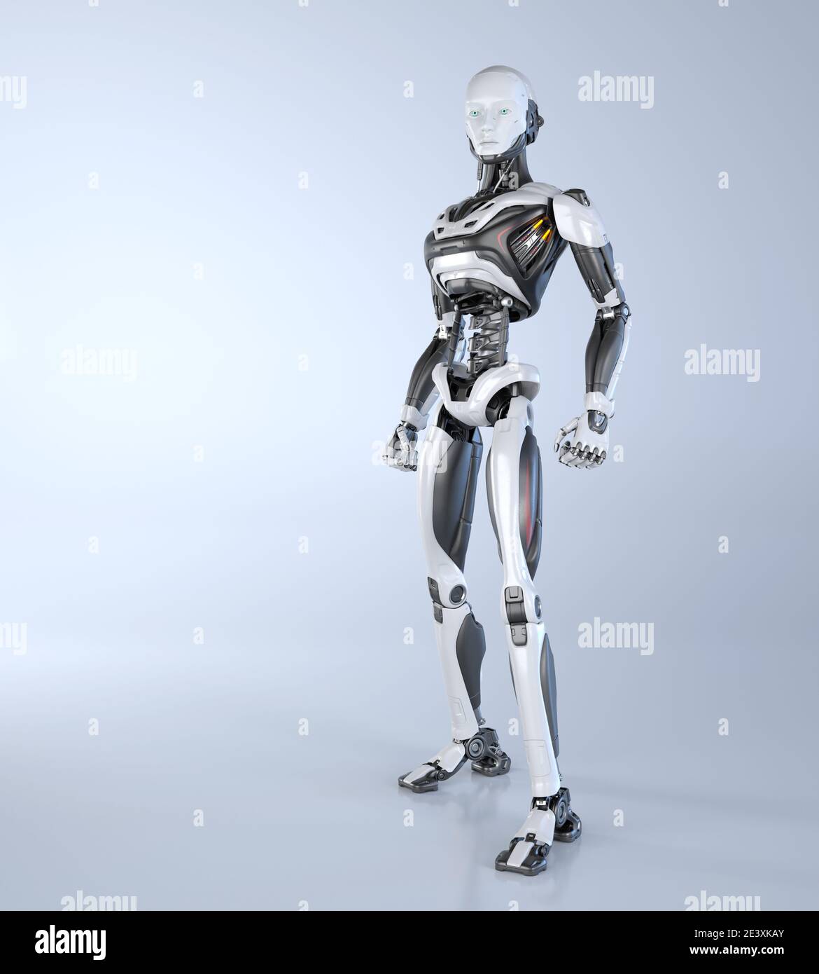 Android Robot posant sur un fond gris clair. 3D illustration Banque D'Images