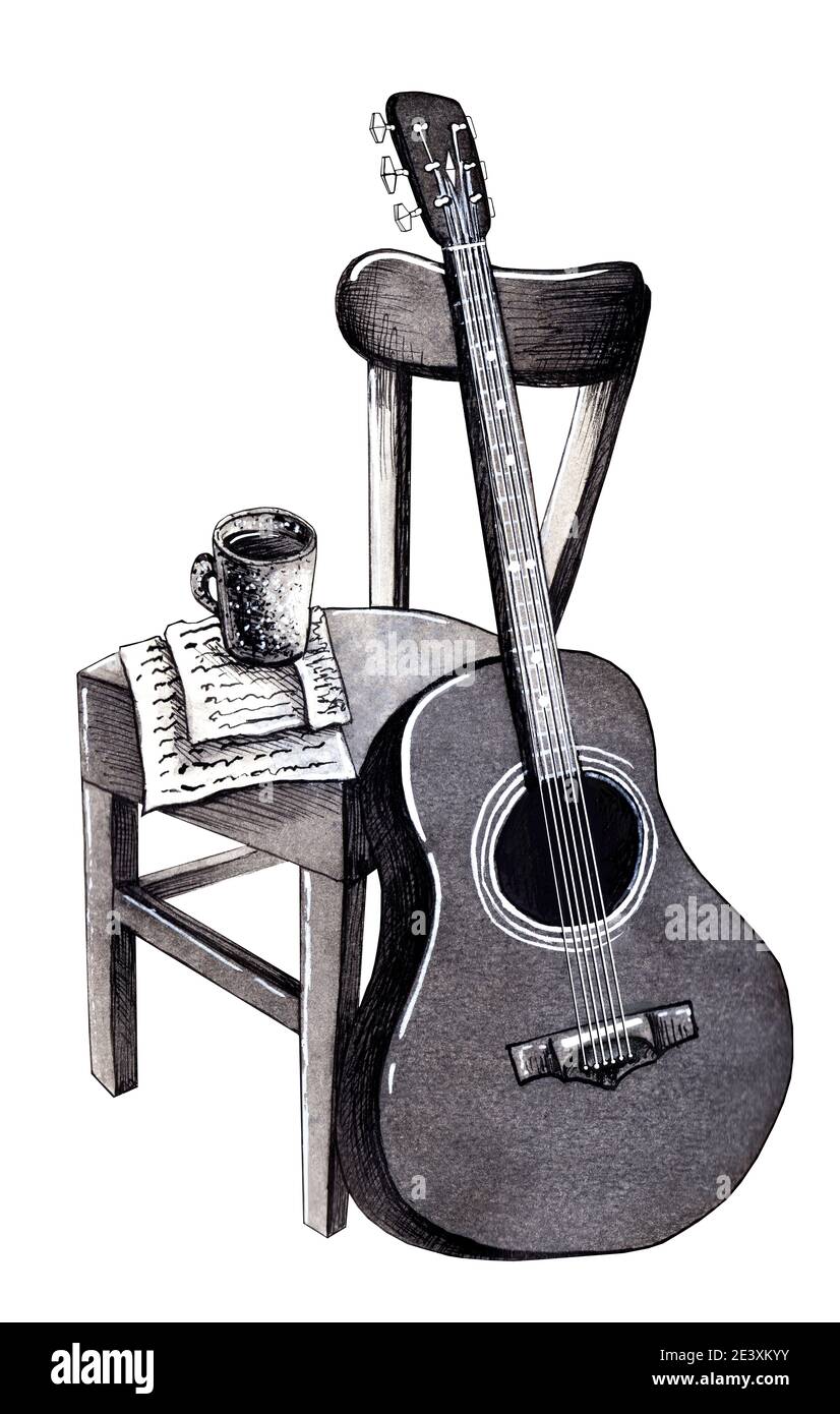 Guitare dessin à la main encre fixe noir et blanc illustration arrière-plan blanc isolé Banque D'Images