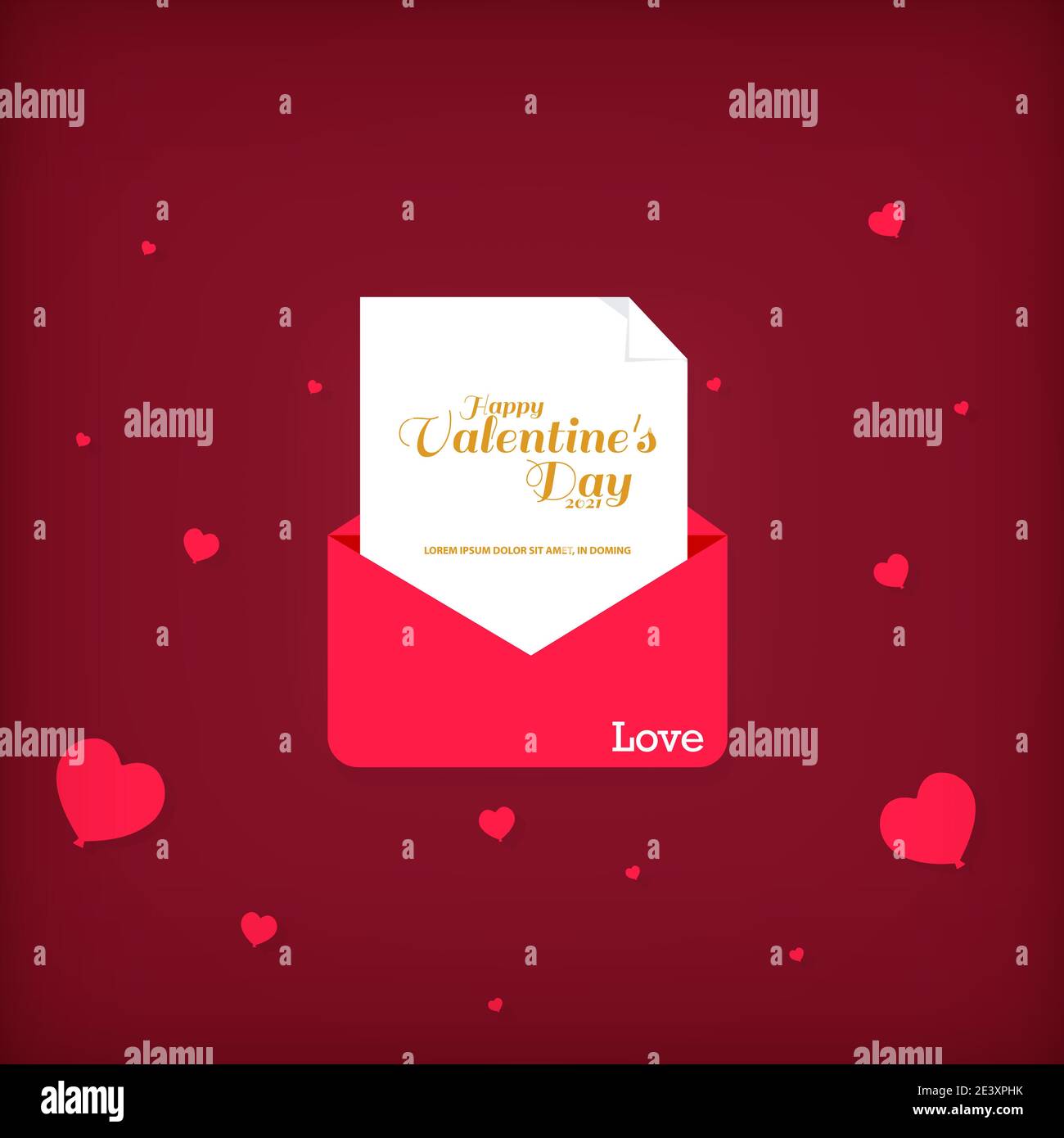 Enveloppe en papier rouge avec message Happy Valentines Day avec coeurs sur fond rouge. Illustration de Vecteur