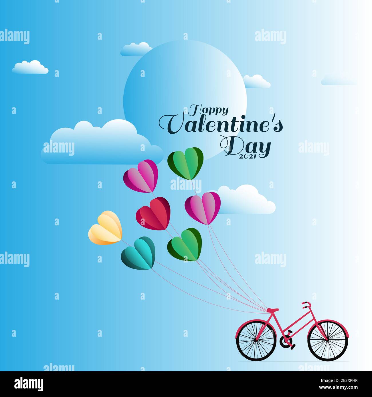 illustration de l'amour et de la saint valentin, vélo avec ballon de coeur, ciel bleu et fond de nuages Illustration de Vecteur