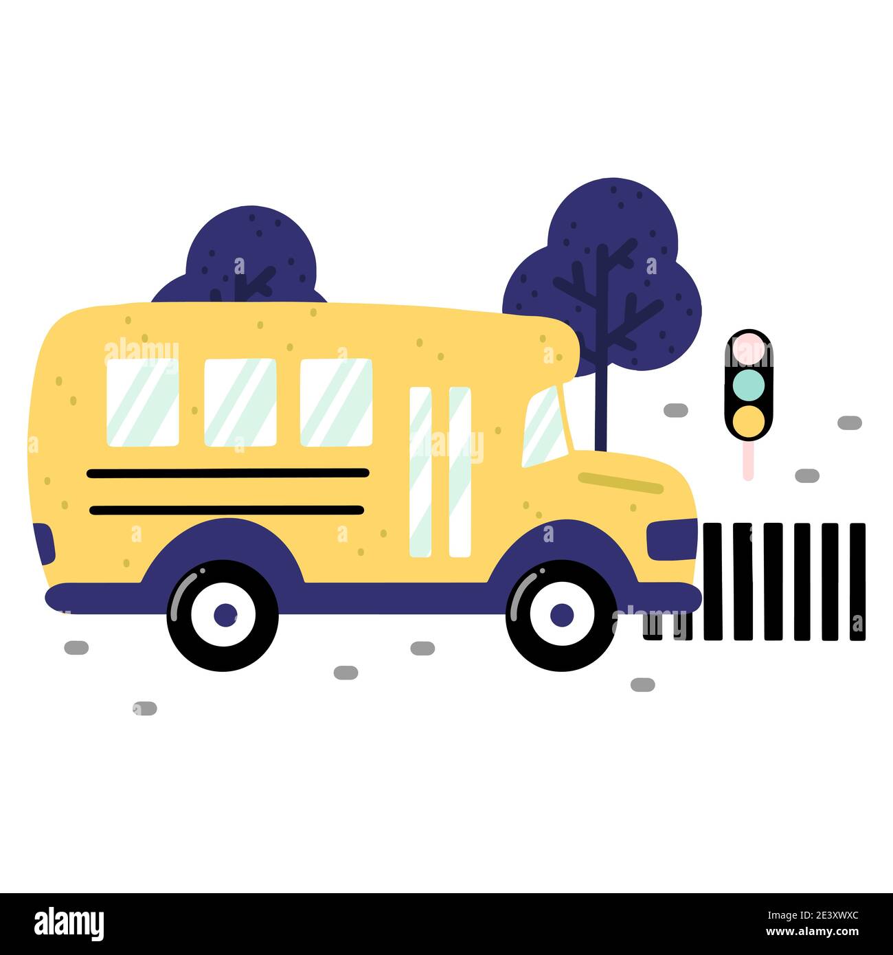 Autobus scolaire puérile sur une route avec des passages de côté, des feux de signalisation et des arbres isolés sur fond blanc. Imprimé puéril de style scandinave dessiné à la main. Illustration de Vecteur