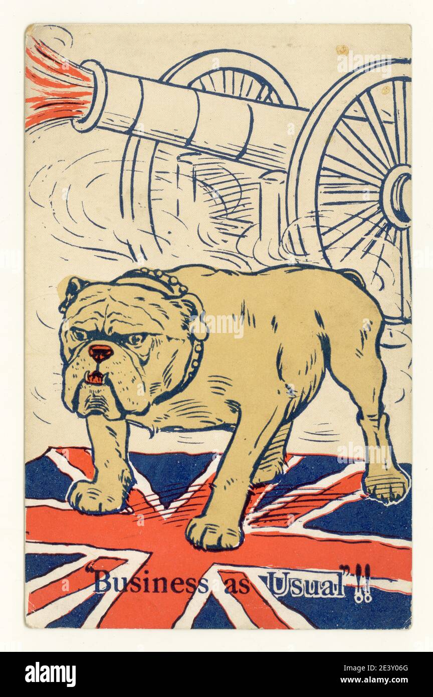 Carte postale patriotique originale de l'époque de la première Guerre mondiale, représentant un bouledogue, un canon et un Union Jack, intitulée « Business as usual ». Postmarqué le 20 juin 1916 de Doncaster, Royaume-Uni Banque D'Images