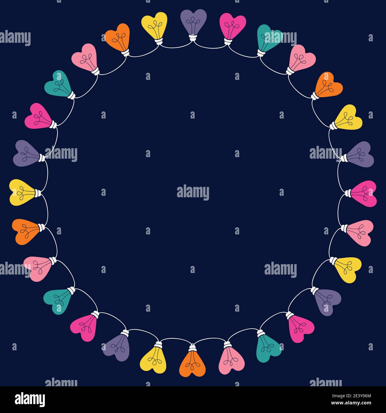 Guirlande lumineuse multicolore de lumières en forme de coeur pour la Saint-Valentin sur le noir Cadre rond d'arrière-plan Illustration de Vecteur