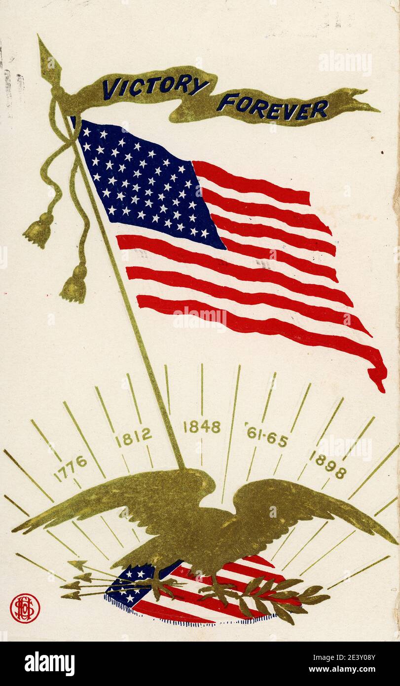Carte postale d'époque drapeau de la victoire Forever Eagle drapeau du jour du souvenir en relief, vers 1911 Banque D'Images