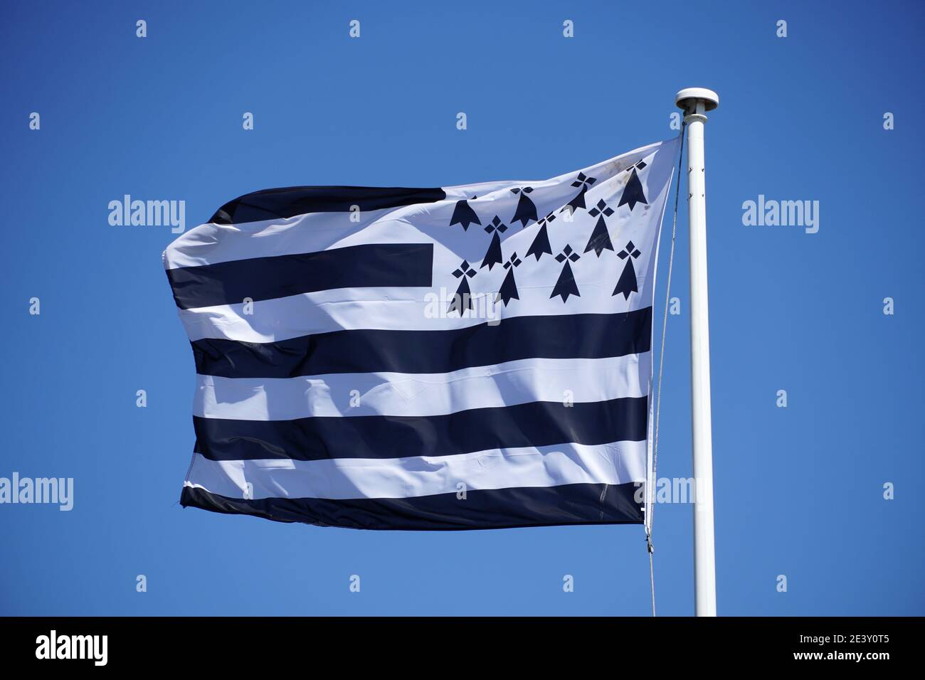 Drapeau breton 'Gwenn ha du' avec neuf bandes horizontales noires et blanches et onze hermines, flottant au sommet d'un mât blanc contre le ciel bleu Banque D'Images