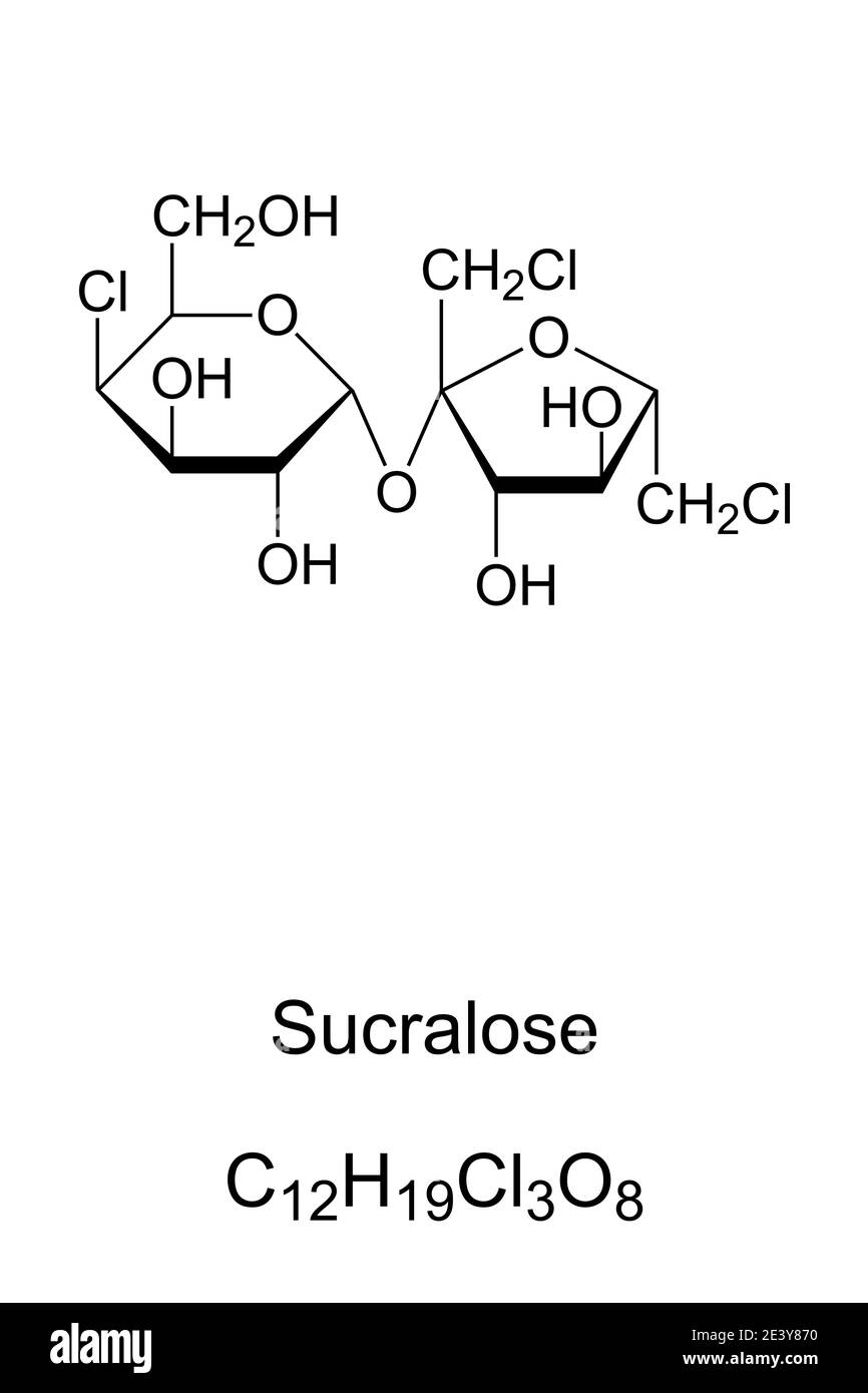 Sucralose, formule chimique et structure squelettique. Édulcorant artificiel et succédané de sucre. E955, non calorique, 300 - 1000 fois plus doux que le sucre. Banque D'Images