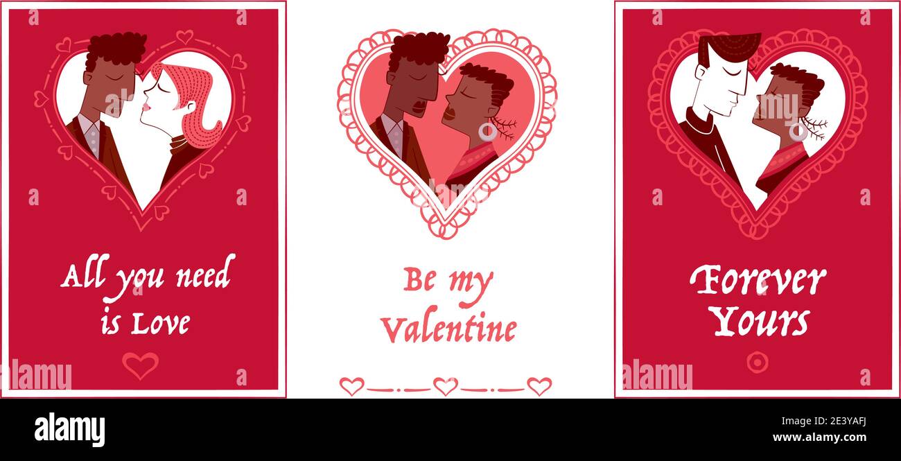 Trois cartes de Saint-Valentin de style rétro avec des couples de course mixtes sur un fond en forme de coeur. Illustration de Vecteur