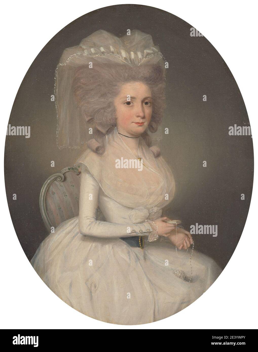 Francis Alleyne, actif 1774â€"1790, Britannique, Margot Wheatley, 1786. Huile sur toile. chaise , costume , ovale , portrait , femme. Wheatley, Margot Banque D'Images
