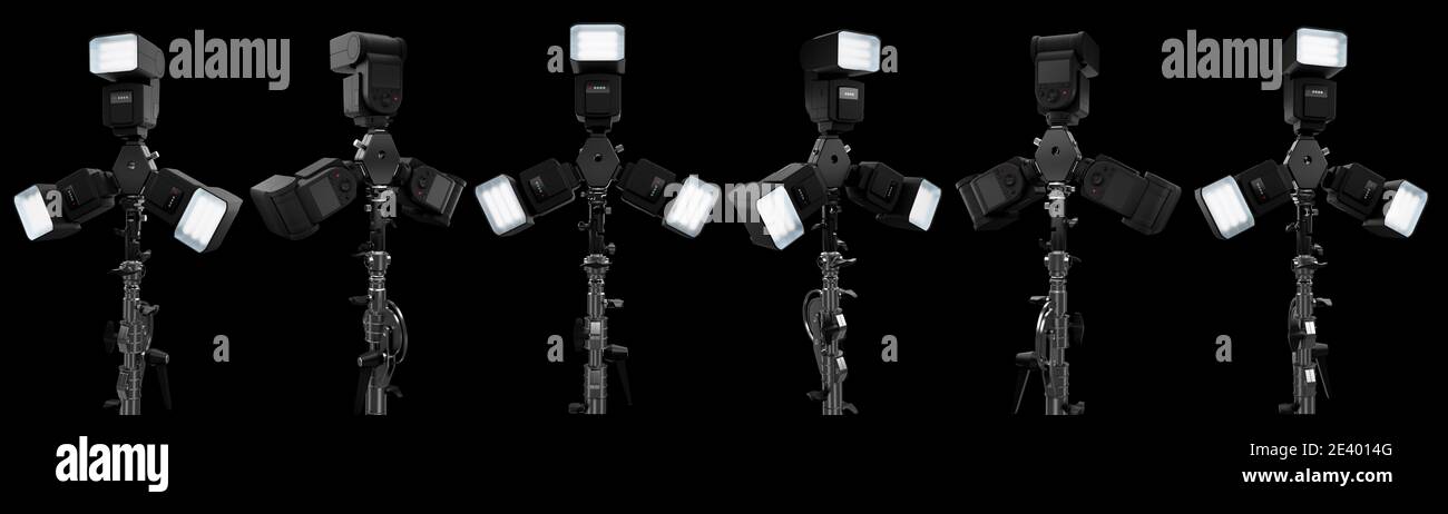 3 le flash Speedlight fait clignoter les pistolets sur le support de trépied isolé sur le noir arrière-plan Banque D'Images