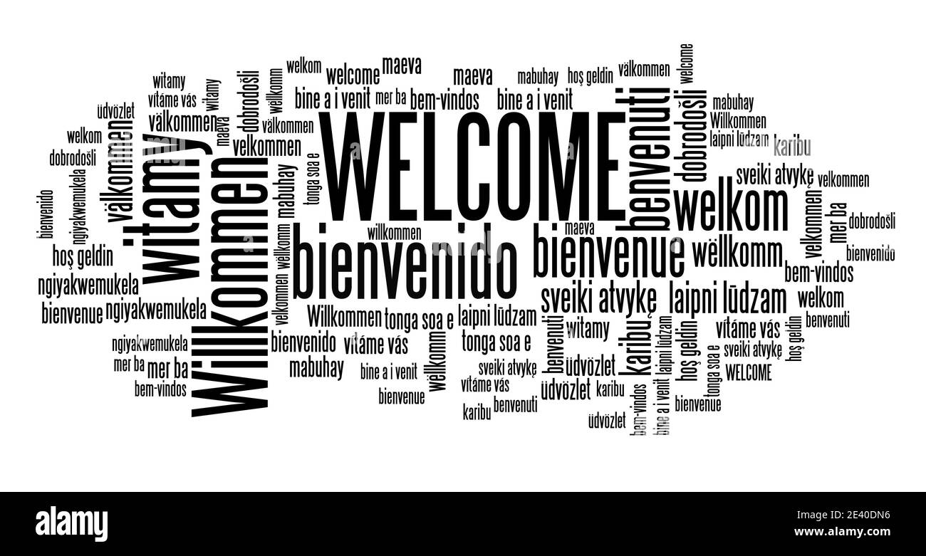 Signe de message de bienvenue. Signe de bienvenue international dans de nombreuses langues dont l'anglais, l'allemand, l'espagnol et le français. Banque D'Images