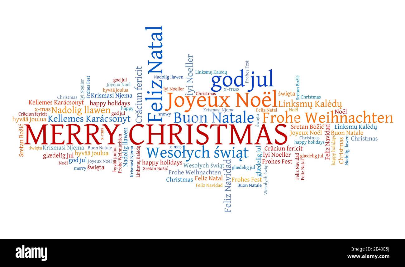 Affiche de message de joyeux Noël. Vœux internationaux de Noël dans de nombreuses langues, dont l'anglais, l'allemand, l'espagnol et le français. Banque D'Images