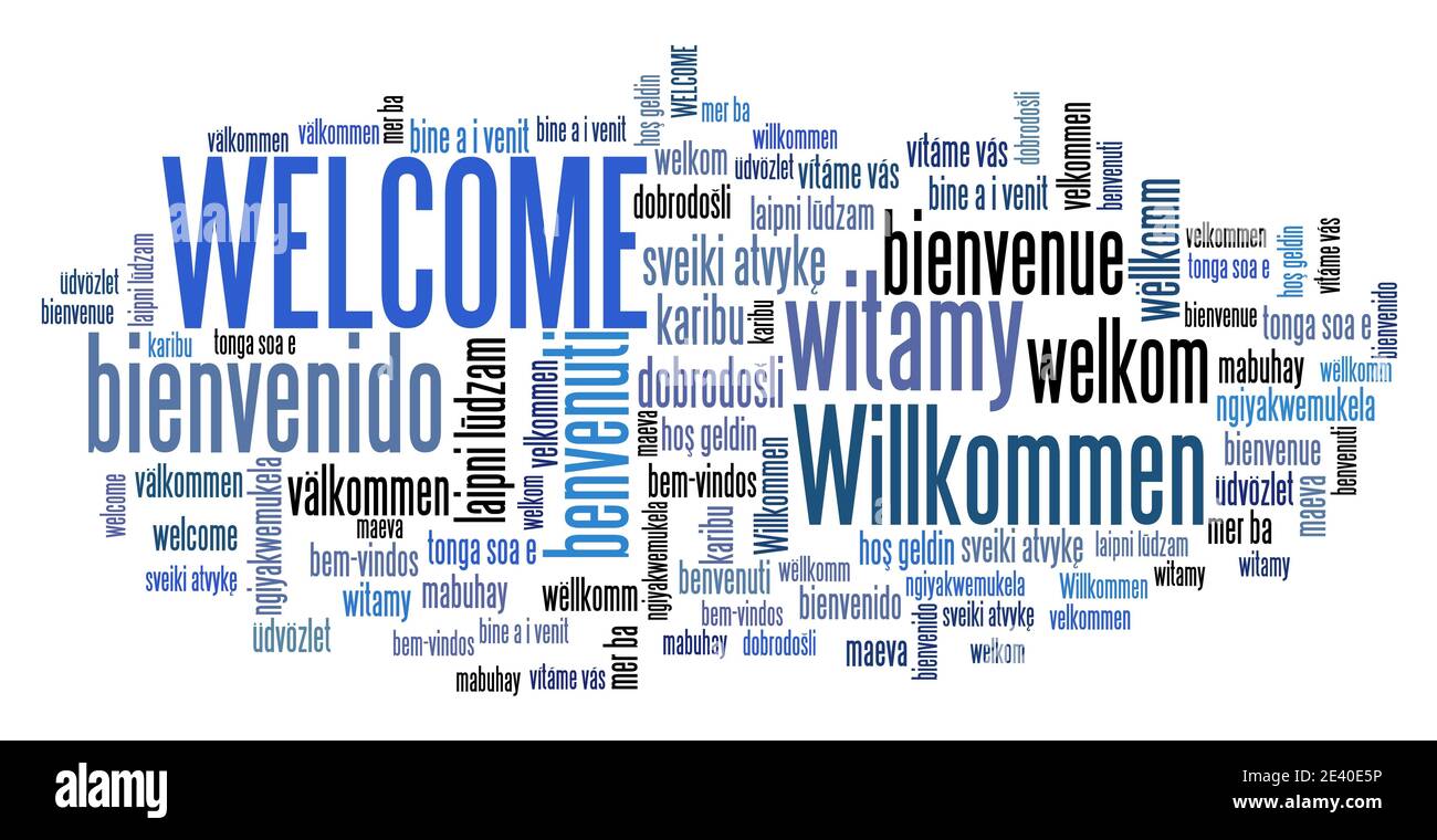 Signe de message de bienvenue. Signe de bienvenue international dans de nombreuses langues dont l'anglais, l'allemand, l'espagnol et le français. Banque D'Images