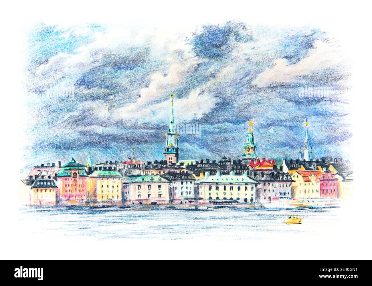 Croquis de crayons de couleur coplée de Riddarholmen, Gamla Stan, vieille ville de Stockholm, Suède Banque D'Images