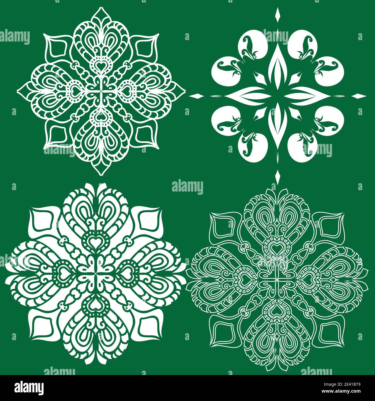 Motifs géométriques Mandala avec lignes blanches isolées sur fond vert Banque D'Images