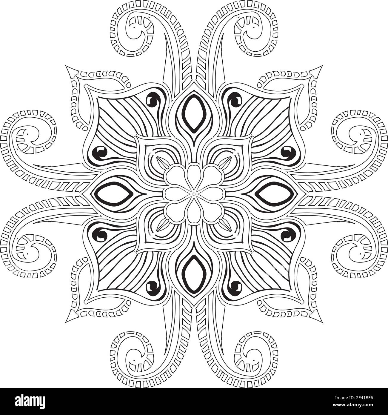 Motif géométrique Mandala avec lignes noires isolées sur fond blanc Banque D'Images