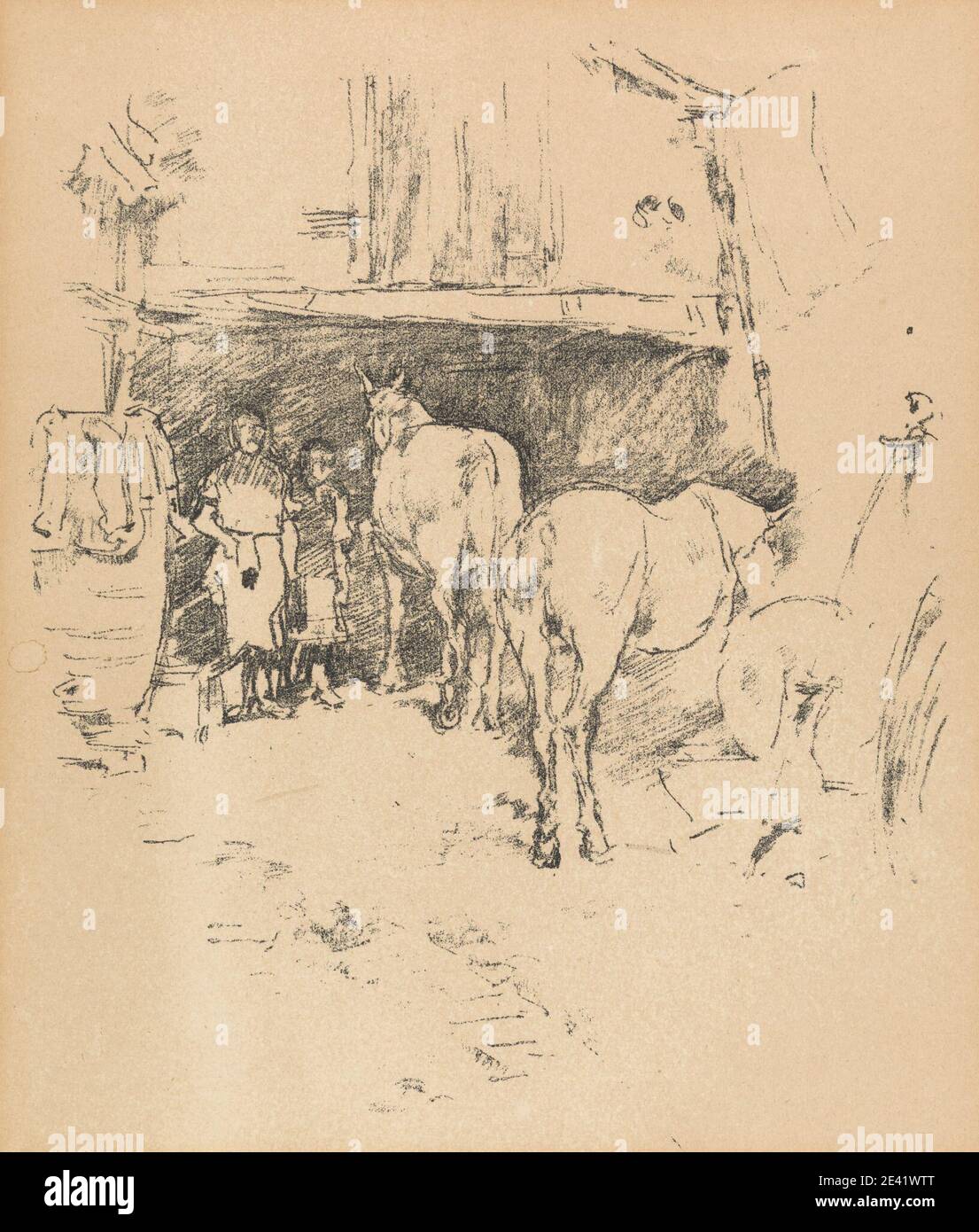 Imprimé par James McNeill Whistler, 1834–1903, américain, actif en Grande-Bretagne (à partir de 1859), The Smith's Yard, ca. 1895. Lithographie sur papier vélin beige modérément épais. Tabliers , tonneau , forgeron , cour , figures , genre sujet , chevaux (animaux) , hommes , paysans , chemises , pantalons. Dorset , Angleterre , Europe , Lyme Regis , Royaume-Uni Banque D'Images